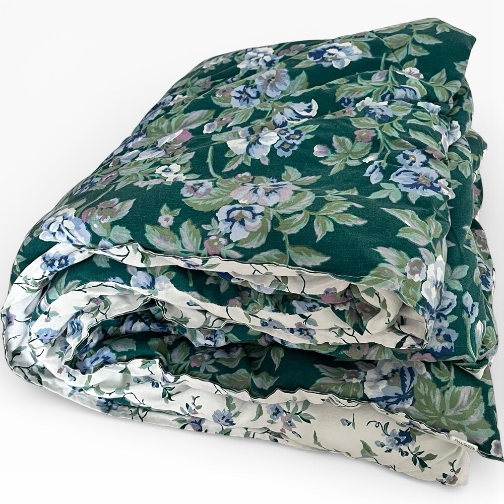 VTG Springmaid Comforter Full Queen Reversible Floral Green Blue Cottage Shabby